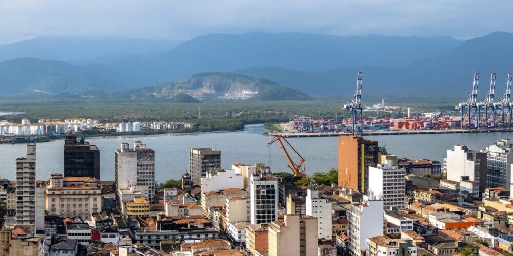 Aerial view of Port of Santos and Santos City - Santos, Sao Paulo, Brazil